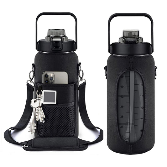 COMPAC - 2L bottle with neoprene case to store mobile phone, keys and cards. With straw and drinking time marker.